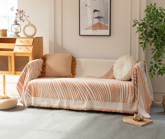 Ριχτάρι Πορτοκαλί-Εκρού Chenille Με Κρόσια-180X180CM C3-3